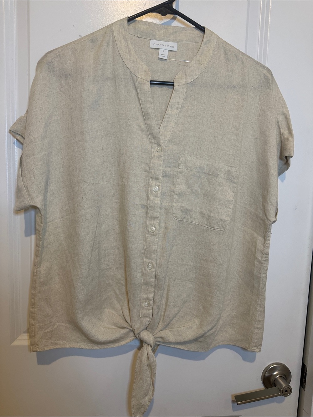 Charter Club Beige Tie-Front Linen-Texture Top